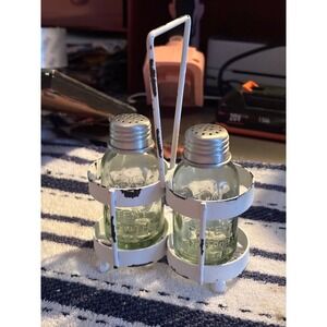 Vintage Style Green Glass Salt and Pepper Shakers Distressed White Metal Caddy